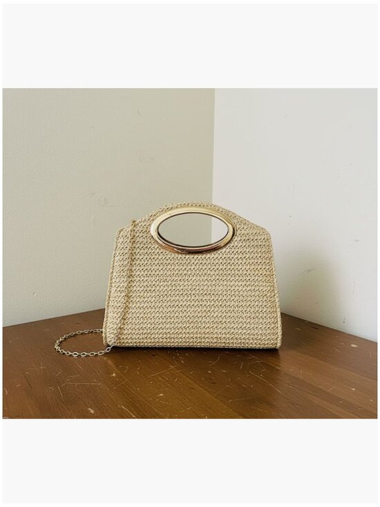 Handbags - Woven Straw Clutch with Gold Chain, Top Handle Evening Bag